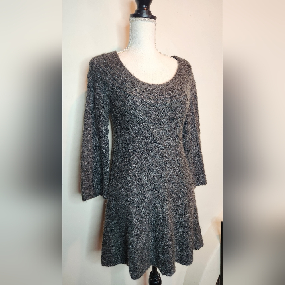 Free People Wool Chunky Cable Knit Gray Bell Sleeve Winter Mini Dress | Small - Picture 2 of 9